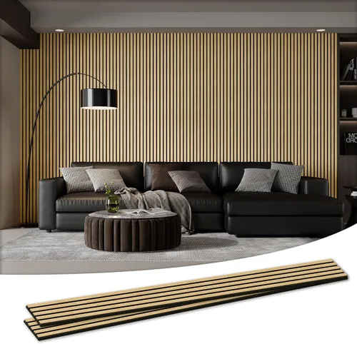 Vista 21 de Paquete de 4 paneles acústicos de pared de 105.9 x 12.6 x 0.8 pulgadas, absorbentes de sonido, paneles de pared de listones de madera para Teca
