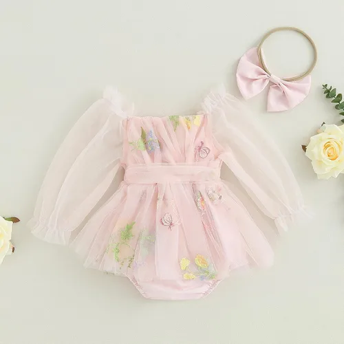 Vista 3 de KMBANGI Vestido de tutú para bebé niña con diadema de lazo de malla, manga larga, falda bordada floral, vestido de verano para primavera y otoño
