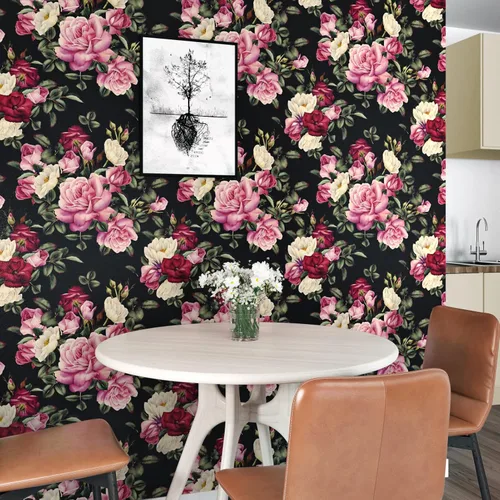 Vista 3 de Wallercity Papel Tapiz Floral Vintage Despegar y Pegar Papel Tapiz de Rosa Peonía Gabinetes Mesa Superior Papeles Tapiz Impermeable Removible
