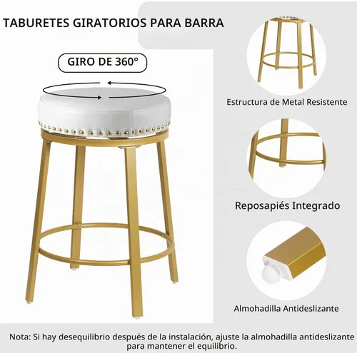 Vista 4 de White & Gold - Juego de 2 taburetes de bar giratorios de 24 pulgadas de altura de mostrador para encimera de cocina, isla sin espalda, modernos