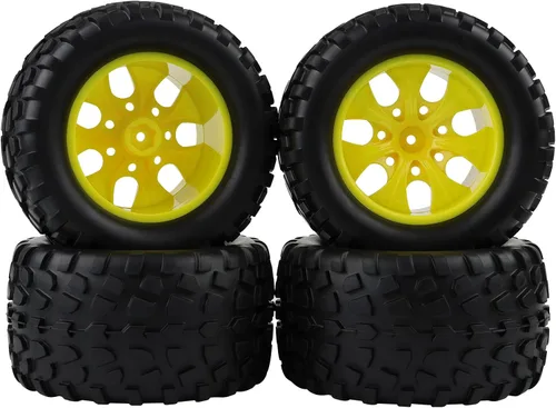 Vista 7 de 4PCS RC Rubber Tire 0.472 in Hex RC Ruedas y Neumáticos Escala 1/10 Coche Monster Truck Neumáticos Gravel Tread w/5 Radios Rueda Rim Amarillo RC