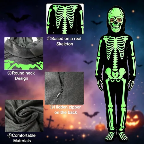 Vista 2 de Disfraz de esqueleto de Halloween para niños que brilla