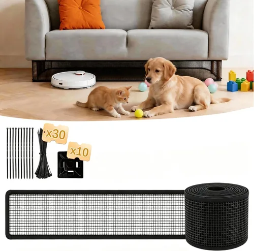 Vista 8 de Bloqueador para debajo de la cama para mascotas, barrera extra alta a prueba de mascotas con lazos de cremallera, bloqueador de muebles cortable