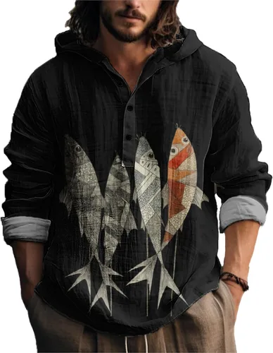 Vista 13 de MARSVOVO Camisa con capucha para hombre, vintage, retro, de 3 botones, manga larga, ligera, ligera, a la moda, casual, para uso diario, primavera