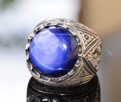 Vista 3 de Anillo de plata de ley con zafiro real estrella, con piedras preciosas