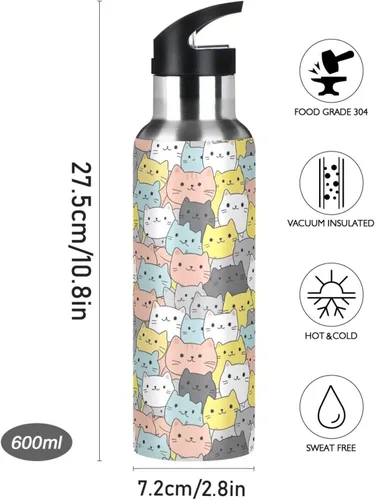 Vista 9 de BPA-Free Sports Water Bottle 20 Oz, Insulated Stainless Steel Water Bottle with Straw for Gym Outdoor Travel School, Cute Cats Colorful