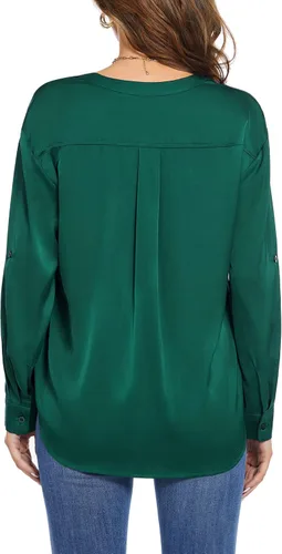 Vista 6 de Beyove Blusas de satén para mujer, camisas sedosas con botones, cuello en V, manga larga, casual, sueltas, para el trabajo de la oficina
