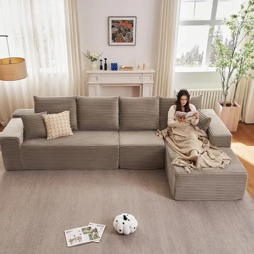 Vista 55 de Sofá modular de 96 pulgadas en forma de L, sofá modular de 3 asientos, sofá modular de pana de espuma viscoelástica sin hueso para sala de estar