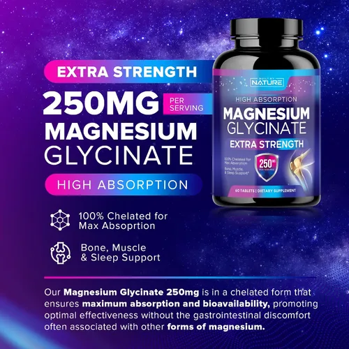 Vista 3 de Glicinato de magnesio 250 mg - Suplemento de magnesio quelado de alta absorción - Glicinato de magnesio 100% puro - Apoyo para la salud del estrés
