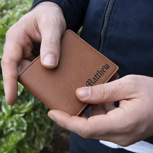 Vista 5 de Carteras personalizadas para hombres, 6 colores y 19 opciones de fuente, billetera de cuero grabada personalizada, regalos para el marido, regalos