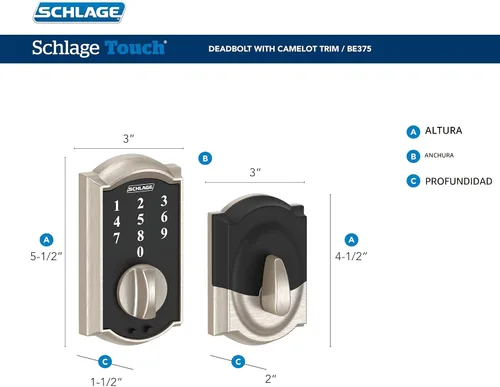 Vista 3 de Cerradura de seguridad táctil Schlage Camelot, BE375 CAM 716 Bronce Envejecido
