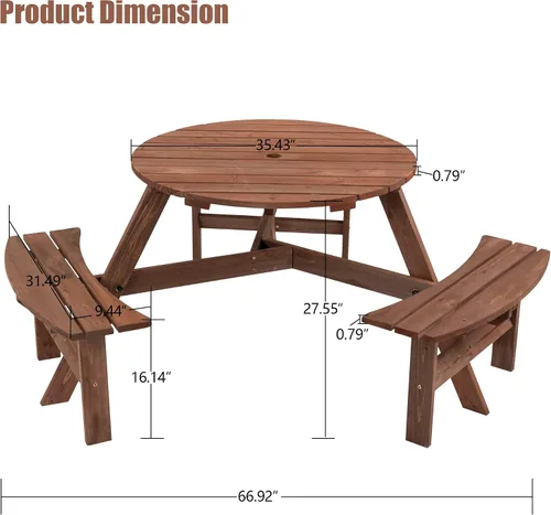 Vista 3 de Mesa de picnic de madera para 6 personas, mesa circular de picnic de madera para exteriores, mesa de comedor con 3 bancos, mesa exterior y banco 6