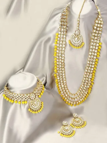 Vista 7 de Aheli Indian Wedding Kundan Beaded Bridal Long Choker Necklace Earrings with Maang Tikka Traditional Jewellery Set for Women