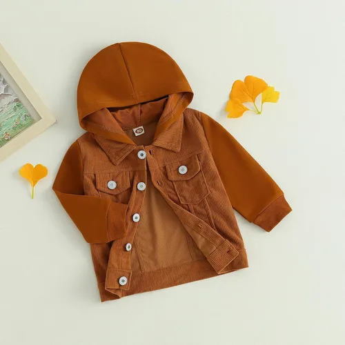 Vista 5 de Chaquetas con capucha para bebé niño con bloques de color, manga larga, con botones, camisas de pana casual, ropa de otoño
