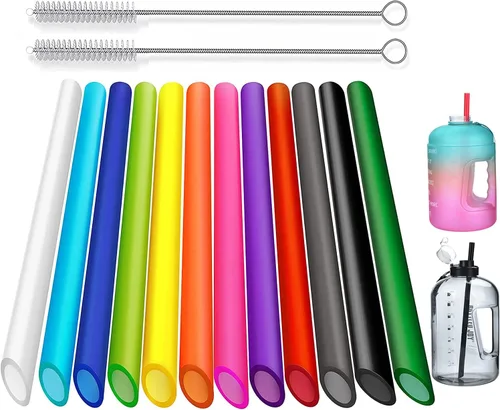 Vista 10 de ALINK 12 pajitas reutilizables para boba, 13 mm x 21.6 cm pajitas de plástico de colores para batidos, perlas de tapioca con 2 cepillos de limpieza