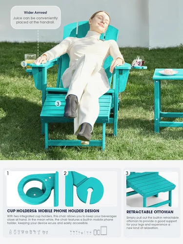 Vista 4 de KINGYES Silla Adirondack plegable ajustable con otomana y 2 portavasos, silla reclinable Adirondack HDPE con reposapiés, Aruba