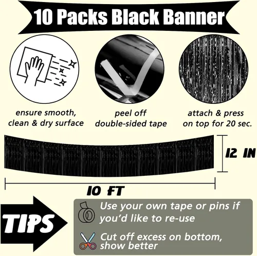 Vista 2 de Paquete de 10 guirnaldas de flecos de papel de aluminio negro de 10 pies con borlas metálicas para colgar en la pared, telón de fondo