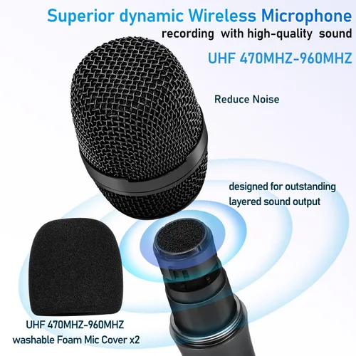 Vista 2 de Sistema de karaoke inalámbrico con receptor Bluetooth recargable, micrófono inalámbrico dinámico de mano profesional, rango UHF de 200 pies, salida