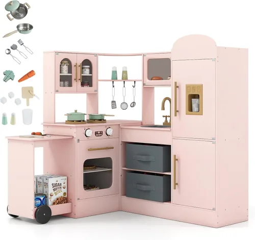 Vista 10 de Costzon Cocina de Juego de Esquina, Pequeño Chef Cocina de Juego de Simulación con Luz y Sonido Reales, Carrito Extraíble, Contenedores de Tela