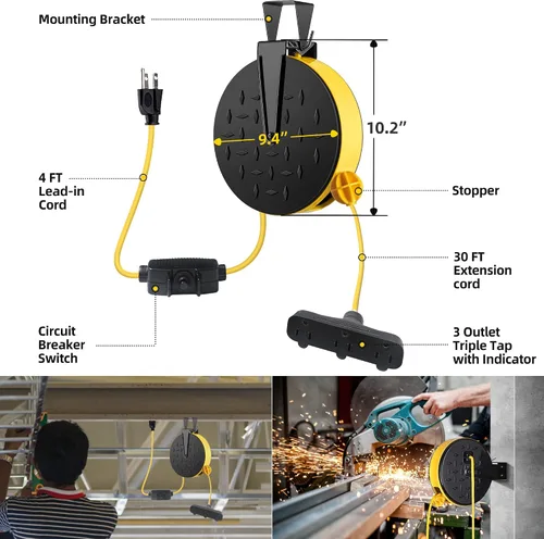 Vista 7 de Carrete de cable de extensión retráctil de 30 pies con 3 tomas de corriente eléctrica - Cable de alimentación SJTW 16/3, disyuntor de 10 amperios