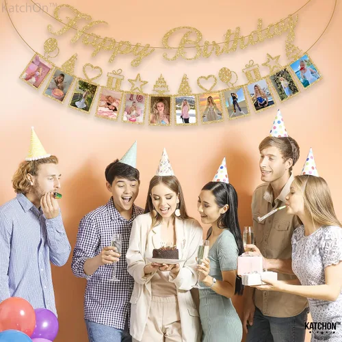 Vista 9 de KatchOn, Cartel de fotos de feliz cumpleaños dorado con purpurina – Prestrung, 2 cuerdas, 10 pies Cartel de feliz cumpleaños con foto