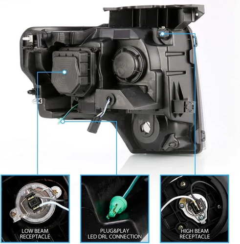 Vista 7 de AmeriLite para camioneta Ford F150 2009-2014, juego de faros delanteros LED de barra cuadrada, proyector halógeno negro, haz alto/bajo incluido