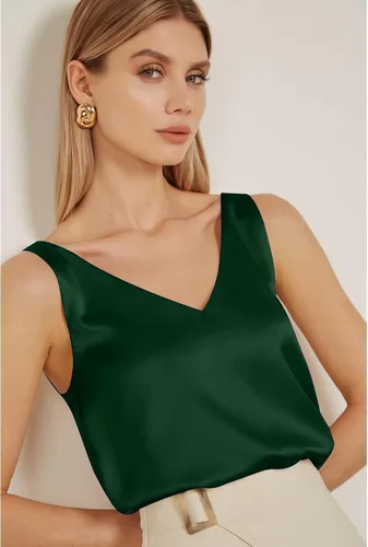 Vista 2 de Camiseta sin mangas de satén para mujer, cuello en V, camisola de seda, casual, básica, blusas