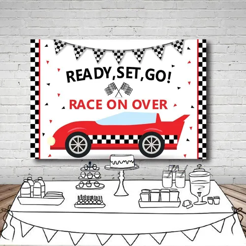 Vista 4 de MEHOFOND Telón de fondo de fiesta de cumpleaños de coche de carreras, accesorios para niños, enciende tus motores, carreras sobre negro y rojo