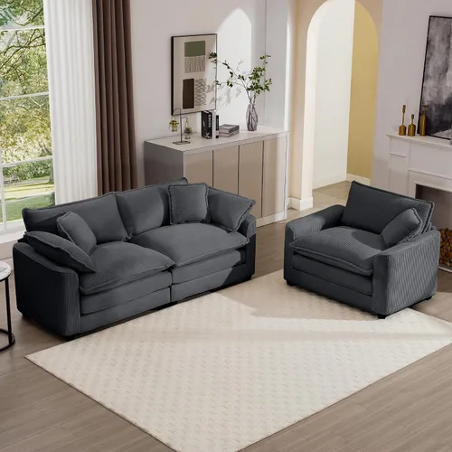 Vista 10 de Juego de sofá de 2 piezas de gran tamaño para sala de estar, sofá biplaza y sofá individual, asiento modular modular profundo de pana cómodos sofás