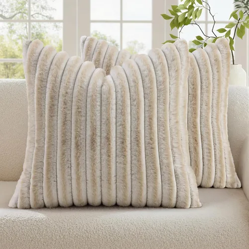 Vista 39 de decorUhome Fundas de almohada de piel sintética, juego de 2, decorativas, afelpadas, suaves, afelpadas, a rayas, parte posterior de terciopelo