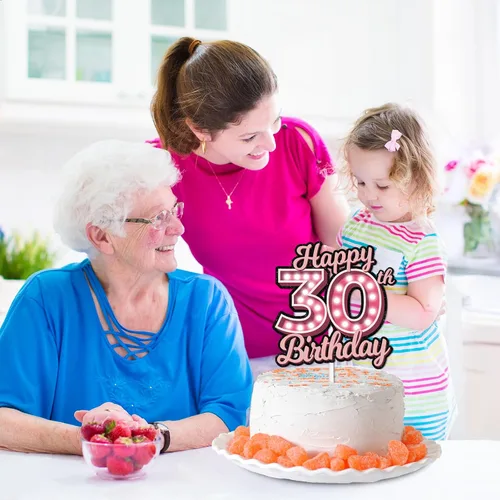 Vista 6 de Decoración para pastel de cumpleaños 30 con purpurina rosa Let's Glow Crazy Party Theme Decor Supplies Men Women Happy Birthday 30 Anniversary Party