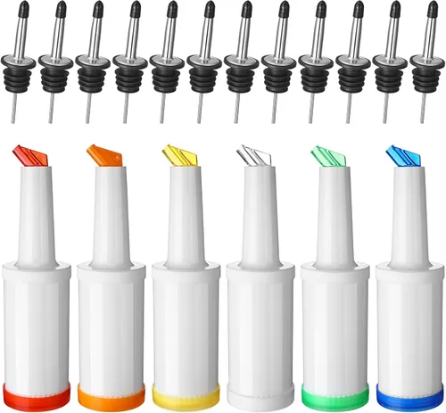 Vista 10 de Chengu Botellas de jugo de frutas de 34 onzas líquidas, suministros de barra de licor de plástico con vertedor de botellas de acero inoxidable