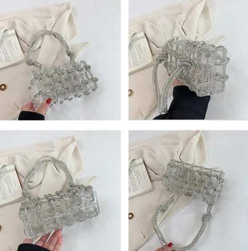 Vista 4 de Gimue Bolso de acrílico transparente con diamantes de imitación, bolso de mano de noche brillante, bolso anudado adornado con cristal para cóctel