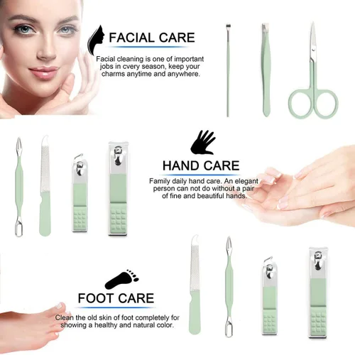 Vista 3 de Juego de manicura para hombres y mujeres, juego de cortaúñas de acero inoxidable 8 en 1, herramientas de cuidado personal con estuche de viaje Verde