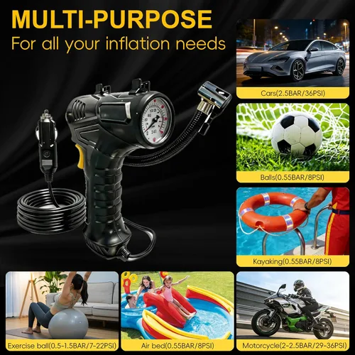 Vista 6 de Compresor de aire portátil, inflador de neumáticos de 12V DC Medidor de presión digital, 150 PSI, luz LED, coche, motocicleta, bicicleta, anillo