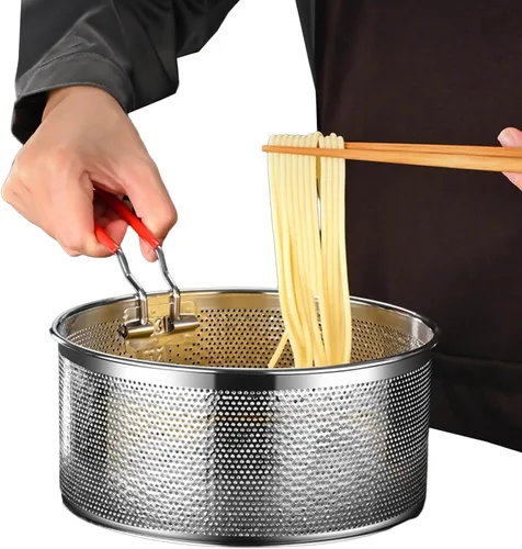 Vista 5 de Cesta para freír resistente a altas temperaturas para cocinar, colador de alimentos redondo de acero inoxidable para servir alimentos - Colador