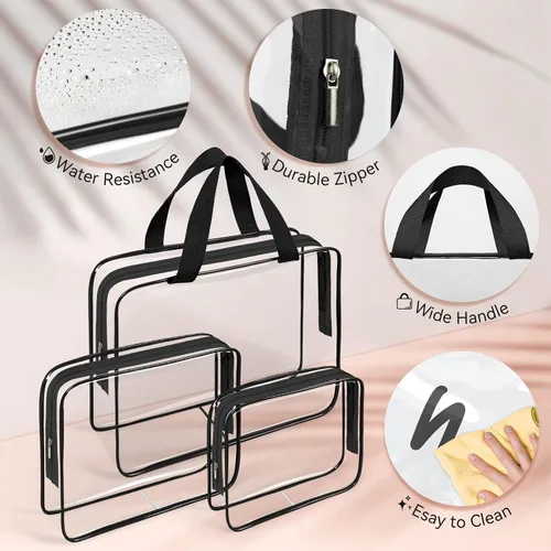 Vista 6 de TISRATOK Neceser de maquillaje transparente de viaje de 10 piezas, plástico PVC cosmético aprobado por la TSA Kit organizador con bolso con Negro