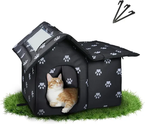 Vista 7 de Casa para gatos al aire libre para gatos al aire libre, casa para gatos para invierno, refugio plegable para gatos callejeros con alfombra, puerta