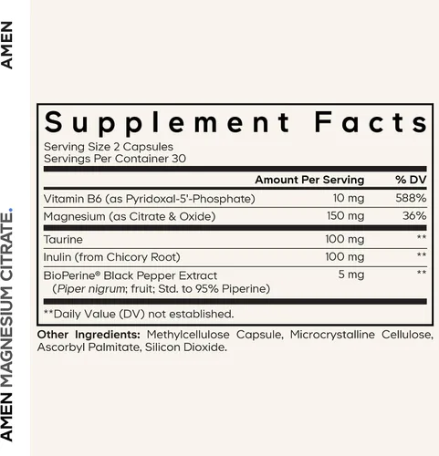 Vista 2 de Amen Suplemento de citrato de magnesio - Píldoras de magnesio con vitamina B6 P5P, taurina, inulina, pimienta negra bioperina, sin gluten, sin OMG