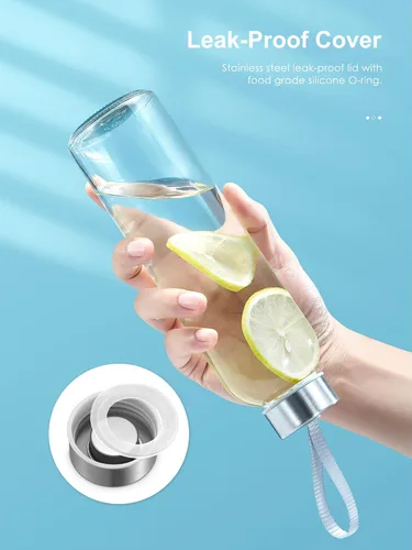 Vista 3 de QCen Botella de vidrio transparente de 18 onzas para jugos, botellas de agua de vidrio reutilizables para máquina exprimidora, con tapas de acero