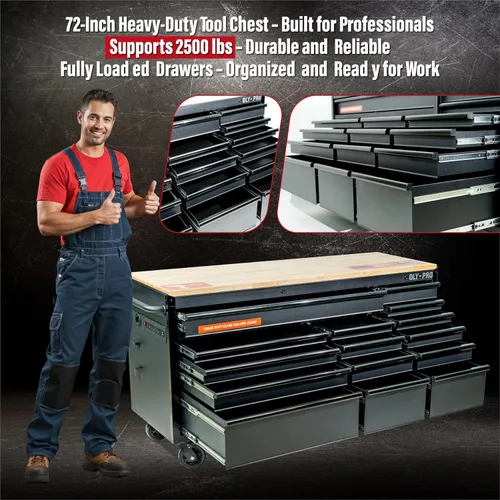 Vista 7 de Olympia Tools Caja de herramientas móvil resistente de 72 pulgadas, con banco de trabajo superior de madera maciza, baúl de herramientas con ruedas