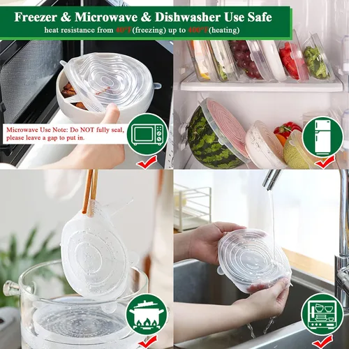 Vista 5 de Tapas elásticas de silicona, paquete de 12 tapas de silicona reutilizables para almacenamiento de alimentos, cubiertas de silicona sin BPA