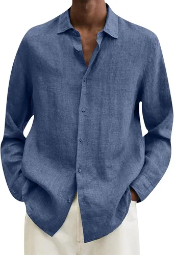 Vista 5 de EFOFEI Camisa de algodón y lino con botones para hombre, camisas casuales de manga larga, con solapa, color sólido
