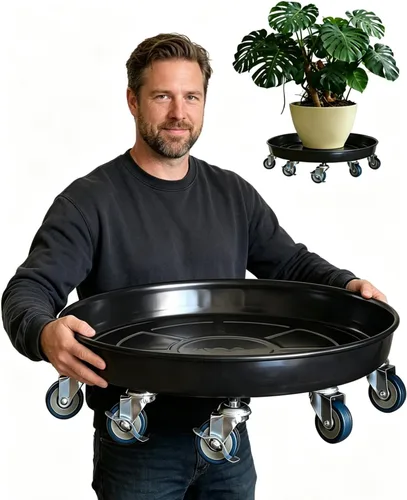 Vista 10 de Organizador de macetas con ruedas (capacidad de 430 libras), soporte de metal resistente con ruedas de freno, bandeja para plantas para interiores