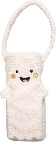 Vista 2 de Pearhead Soporte para botella de vino fantasma de Halloween, bolsa de regalo reutilizable de sherpa de felpa con cara sonriente y asa - Lindo regalo