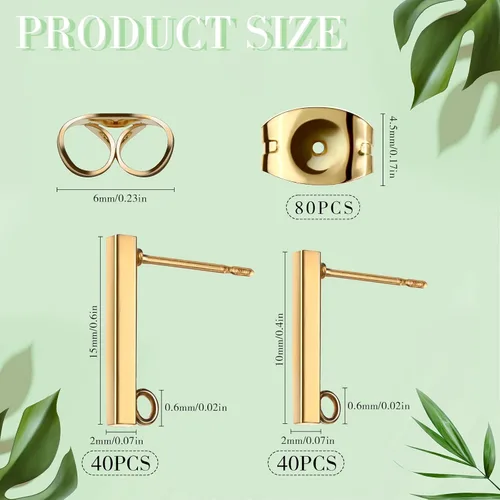 Vista 2 de Hinly 80 aretes de acero inoxidable con bucle, 80 piezas de barra de tuerca de oreja, poste perforado para hacer joyas de bricolaje, 2 tamaños Dorado