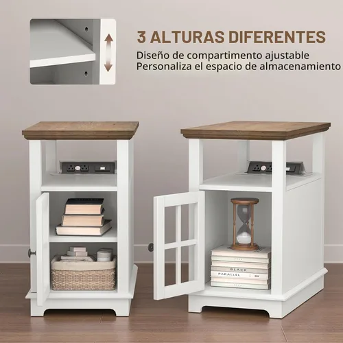 Vista 6 de HIFYOBRO Mesa auxiliar estrecha con estación de carga abatible, mesa auxiliar de almacenamiento, puerto tipo C y USB y estante ajustable, mesa Blanco