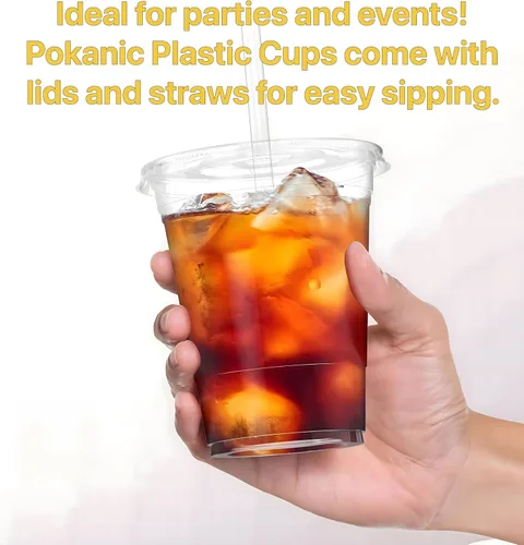 Vista 3 de Plastic Clear Cups [12 oz] with Lids and Straws [10 Set] Disposable Cold Beverage Drinking Iced Coffee Water Juice Tea Party Travel Cafe School