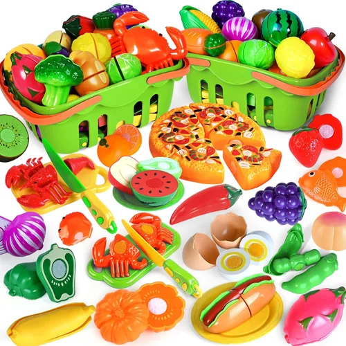 Vista 9 de 100 PIEZAS Juguetes de Comida para Cortar para Cocina Infantil, Juguetes de Comida de Simulación para Niños Pequeños, Accesorios de Juguetes