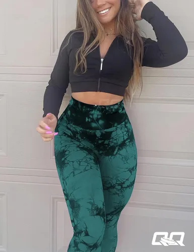Vista 3 de QOQ - Leggings de entrenamiento sin costuras de cintura alta para mujer, levantamiento de glúteos, pantalones de yoga para gimnasio, mallas